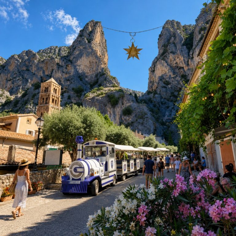 Petit train touristique circulant dans le village de Moustiers-Sainte-Marie