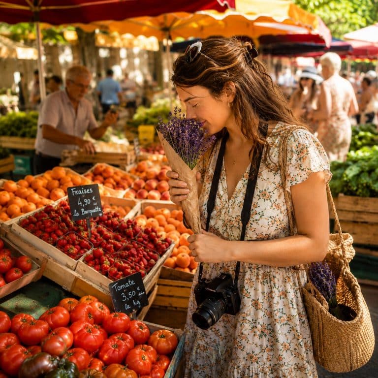 Jeune femme découvrant la lavande et les produits d’un marché provençal