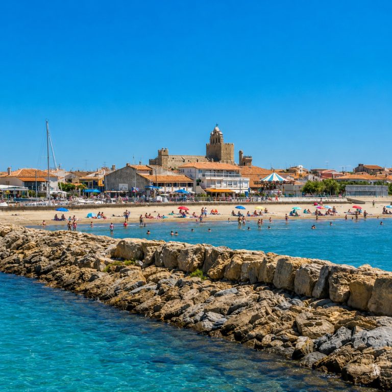 Plage animée avec vue sur le village des Saintes-Maries-de-la-Mer