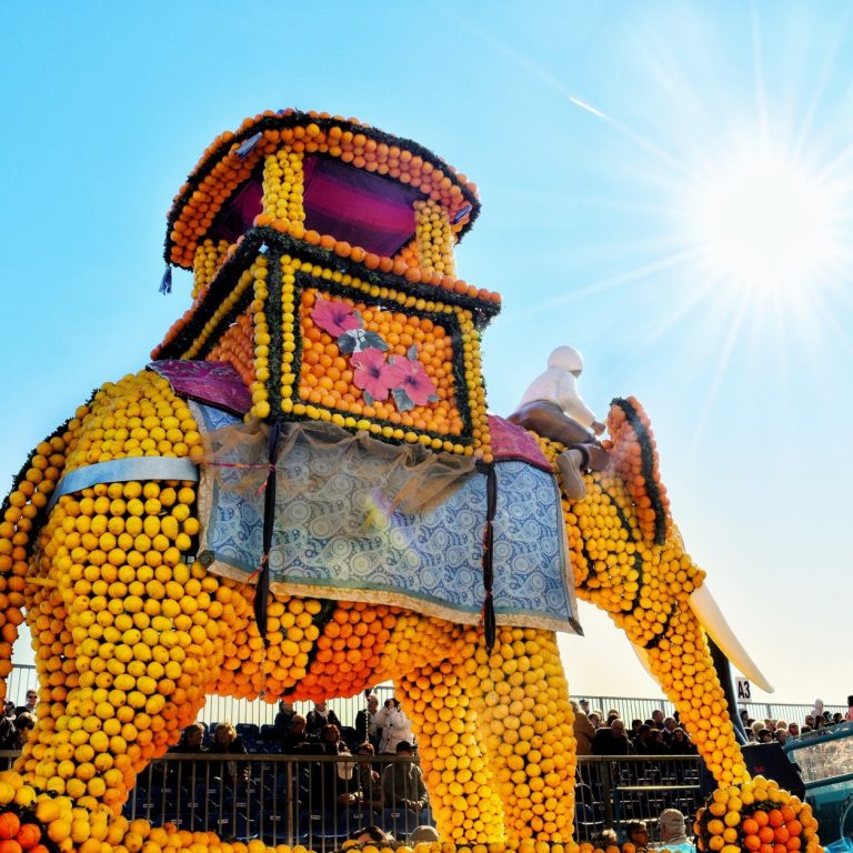 Éléphant monumental décoré d’agrumes lors de la Fête du Citron à Menton