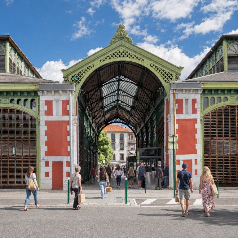 Entrée des Halles de Lourdes et marché couvert