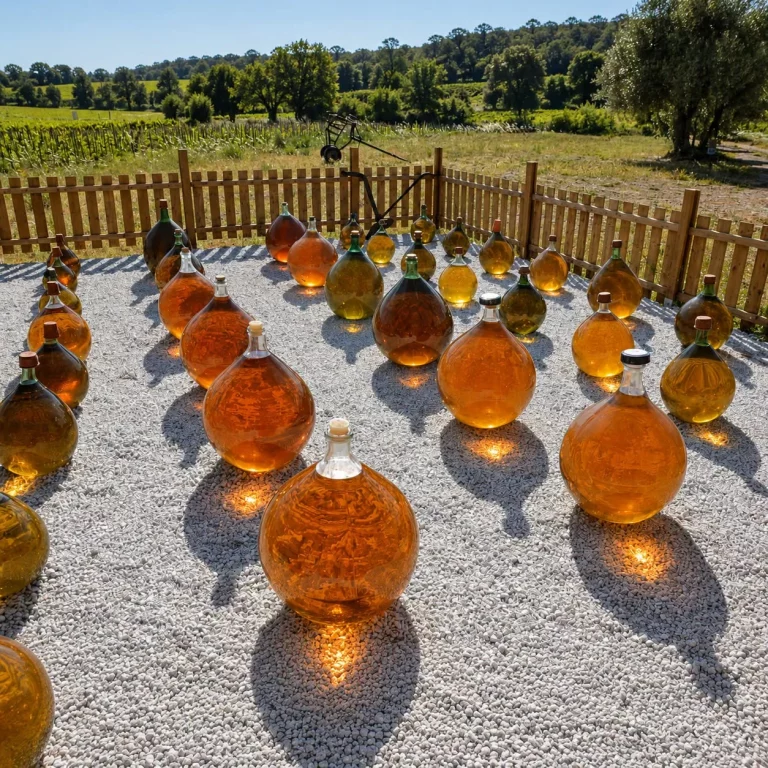 Dames-jeannes de Muscat installées au milieu des vignes de Frontignan.