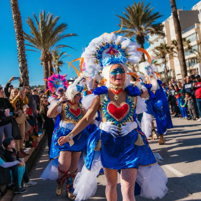 Danseuses en costumes bleu et blanc pendant la grande parade du Carnaval de Lloret de Mar.