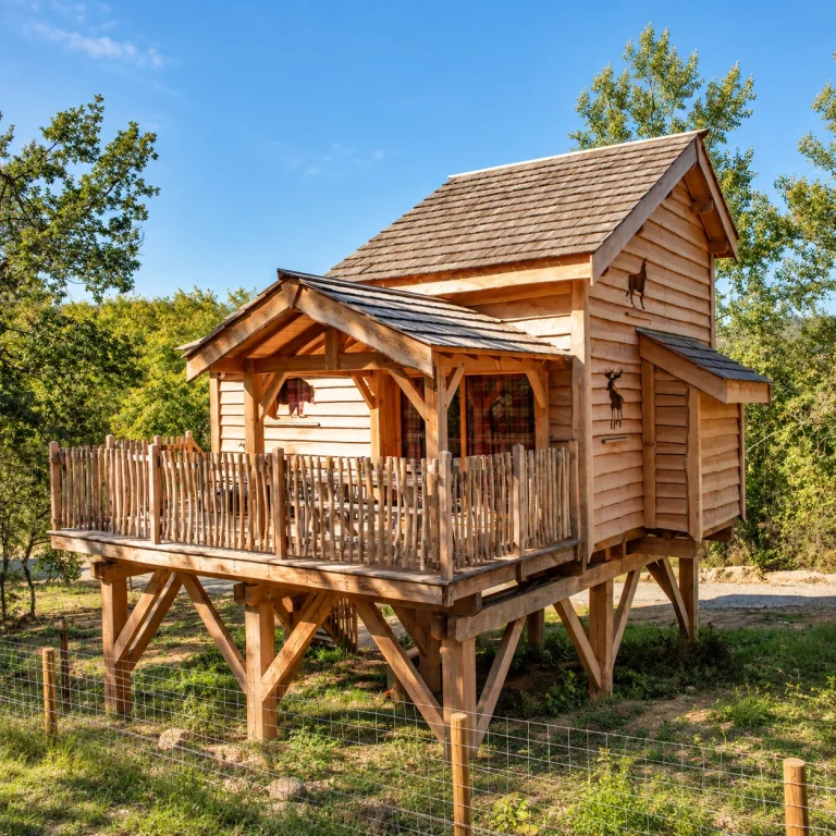 Cabane Tribu en bois sur pilotis, avec terrasse couverte et vue sur l’espace boisé du Safari de Peaugres.